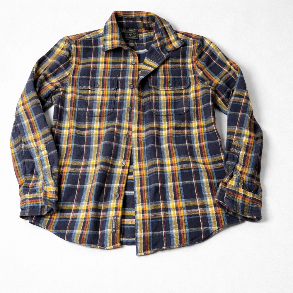 American Eagle Plaid Flannel Button Down Shirt Navy Yellow Men’s Medium